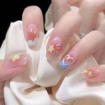 Pikabows Press On Nails Long Coffin Nude Star Heart Cute Pink Gradient Fake Nails Acrylic False Nail Tips Kit Glue on Nails for Women